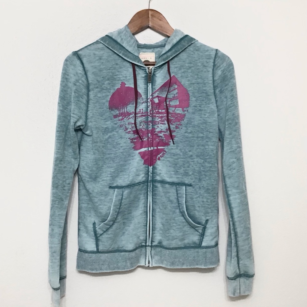 ROXY Faded Blue/Green Long Sleeve Zipper Front Hoodie Size S